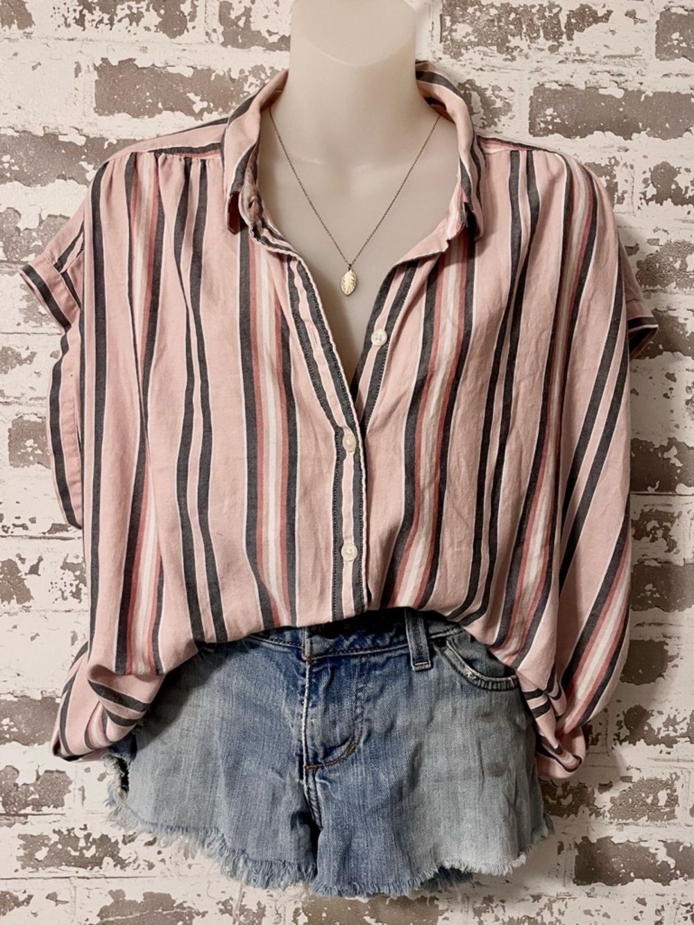 Eddie Bauer Pink Striped Button Front Blouse XL Cotton Rayon Lightweight